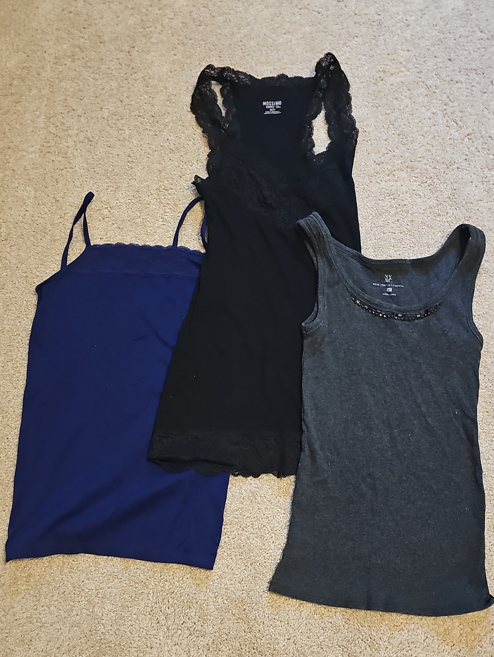 Set of 3 Women's Tank Tops - Black Lace, Purple, Charcoal
